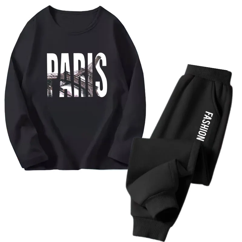 Boys Street Fashion Paris Letter Print Clothes Set Kids Long Sleeve Top+Pants Autumn Handsome Sports Outfits 3-14 Years