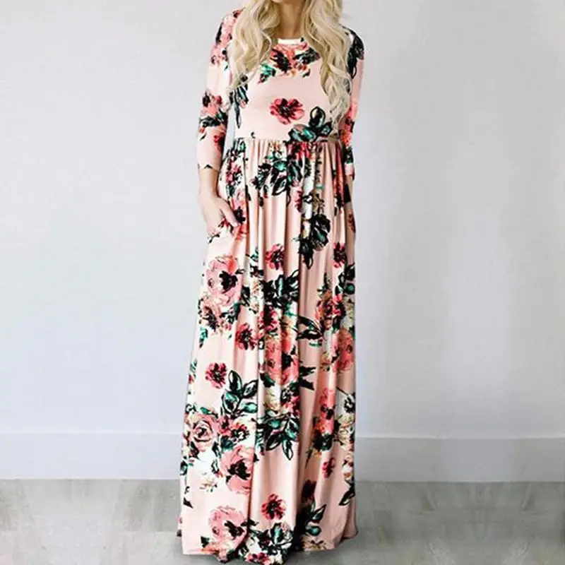 Robe longue d'été pour femmes Maxi Dr 2024, imprimé floral rose, style bohème, plage, robe longue pour femmes, matière en coton confortable