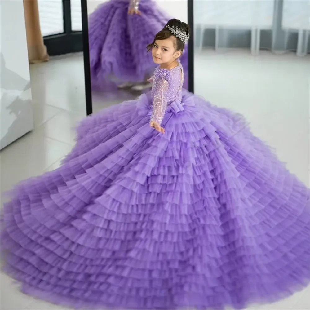 

Luxury Flower Girl Wedding Dress Sequined with Bow Tiered Long Sleeves Princess First Communion Birthday Party Dress Customized