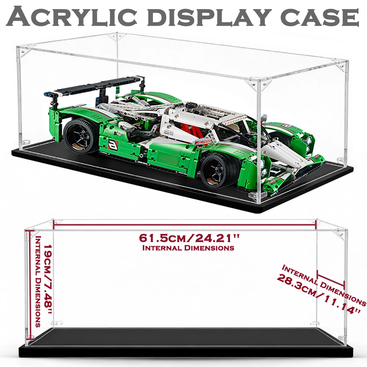 Staubdichte Acryl-Vitrine für 1/8 Maßstab, geeignet für LEGO-Autos, schützt und präsentiert mit Stil.