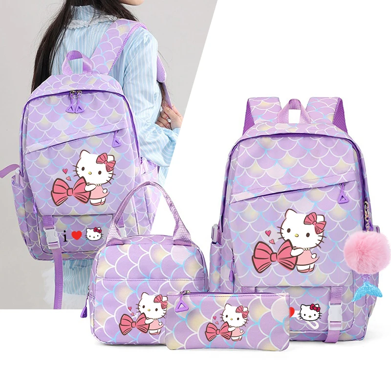 

3Pcs Hello Kitty Fish Scale Kid Backpack With Mermaid Pendant Lunch Girl School Bag Children Schoolbag For Teenage Girls