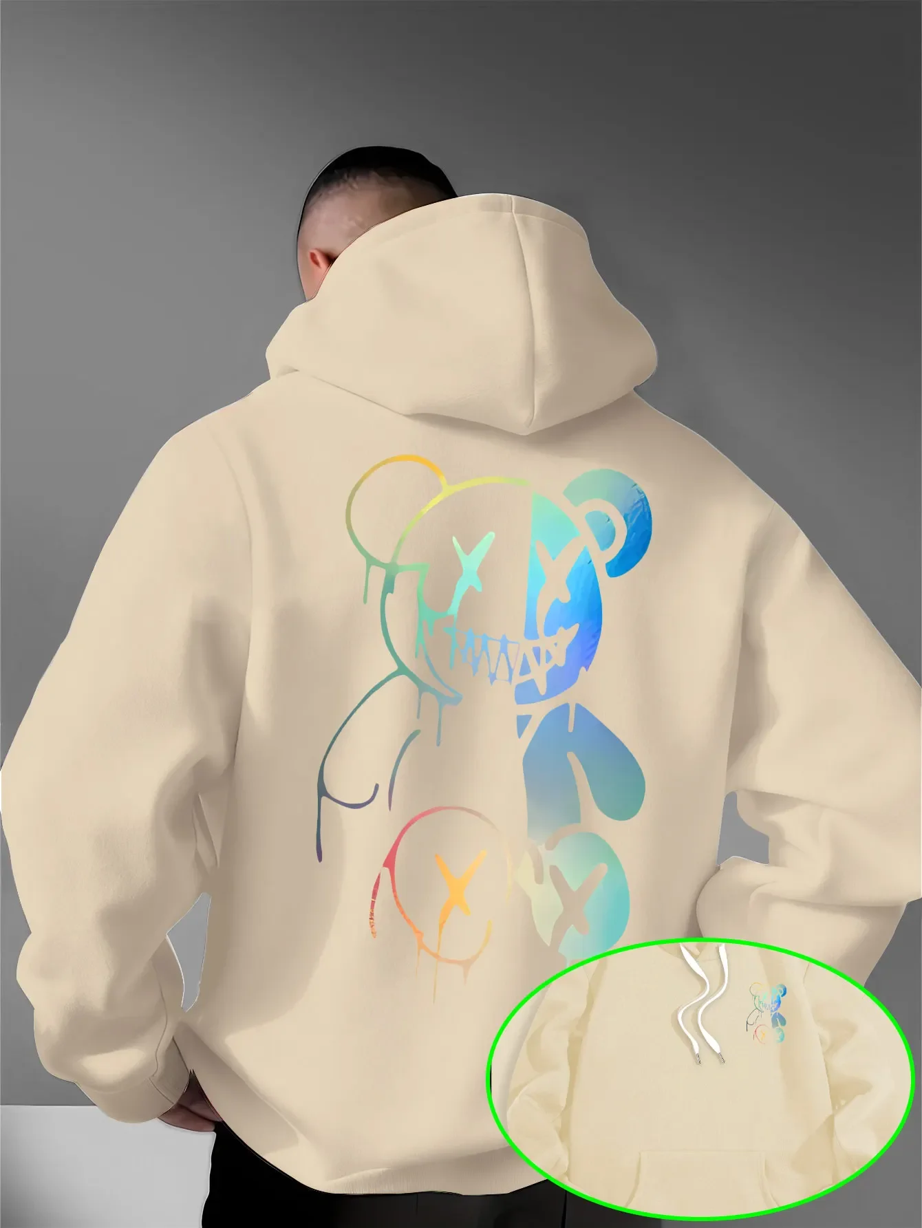 Lockere, übergroße Herren-Hoodies mit holografischem, geteiltem Evil-Bear-Motiv auf Vorder- und Rückseite, Pullover-Sweatshirt, dunkle Streetwear, Alltags-Kapuzenoberteile – Detail 9
