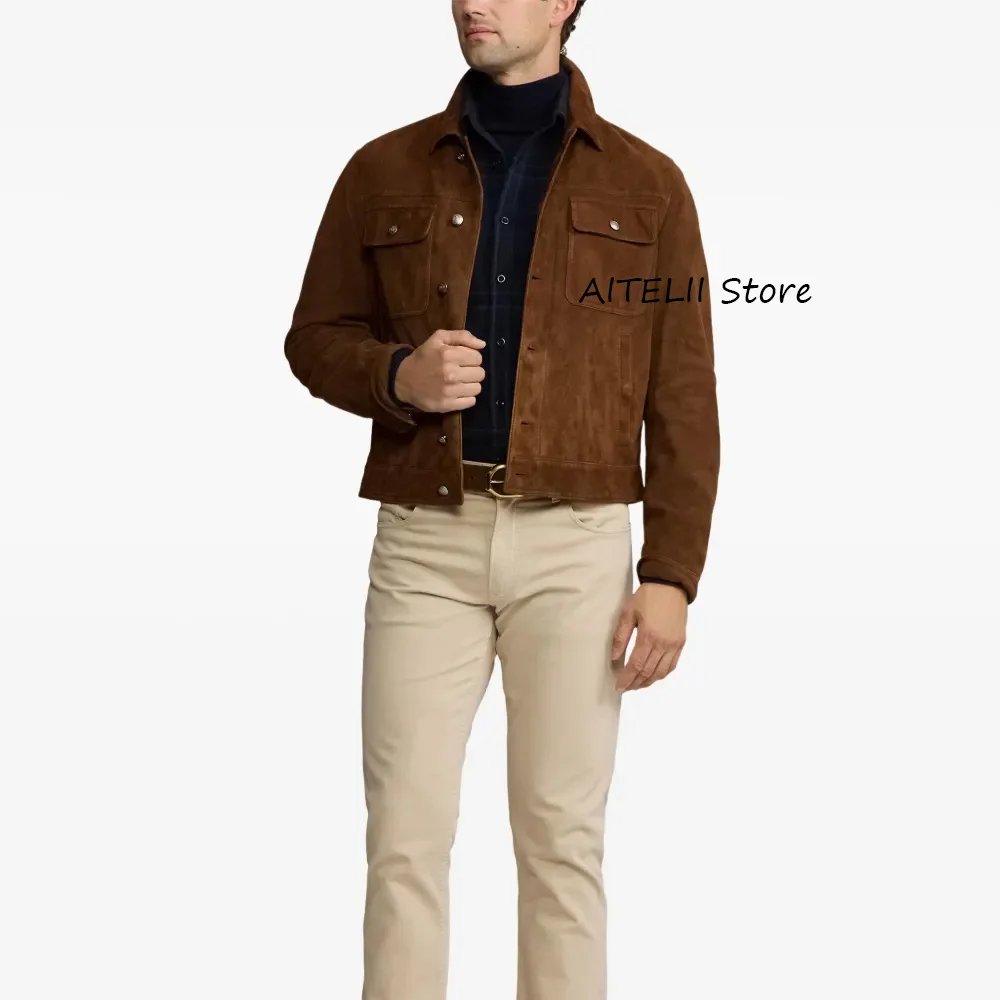 

Замшевая ткань, модные мужские пиджаки с лацканами, повседневные мужские куртки с двойными нагрудными карманами, однобортные костюмы, блейзер, одежда