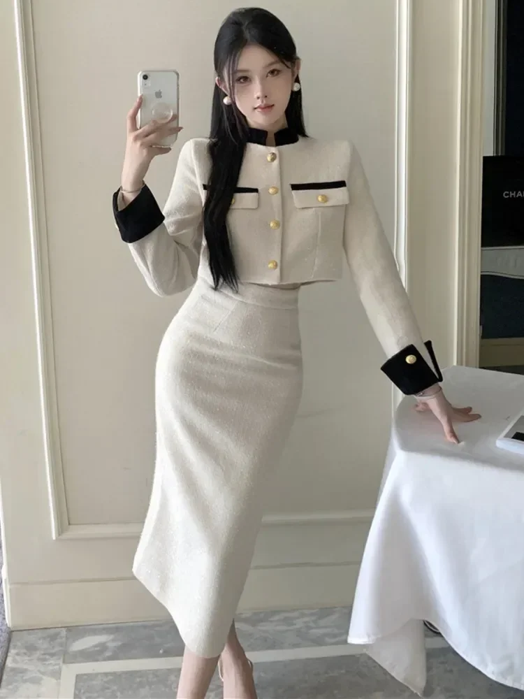 New French Luxury Eelgant Two Piece Set for Women Korean Fashion Long Sleeve Jacket Coat + Long Skirt Sets High Quality Suit