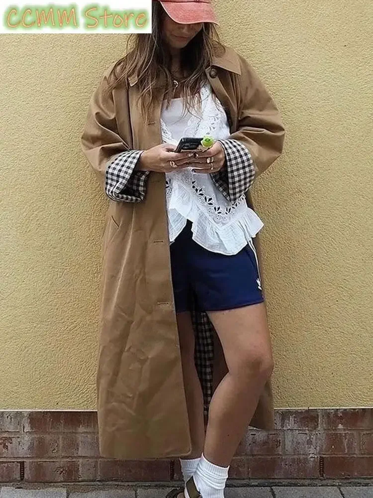 Woman Casual Long Trench Coats Khaki Plaid Lined Lapel Single Breasted Jacket With Pocket Autumn Chic Lady Commute Outwear