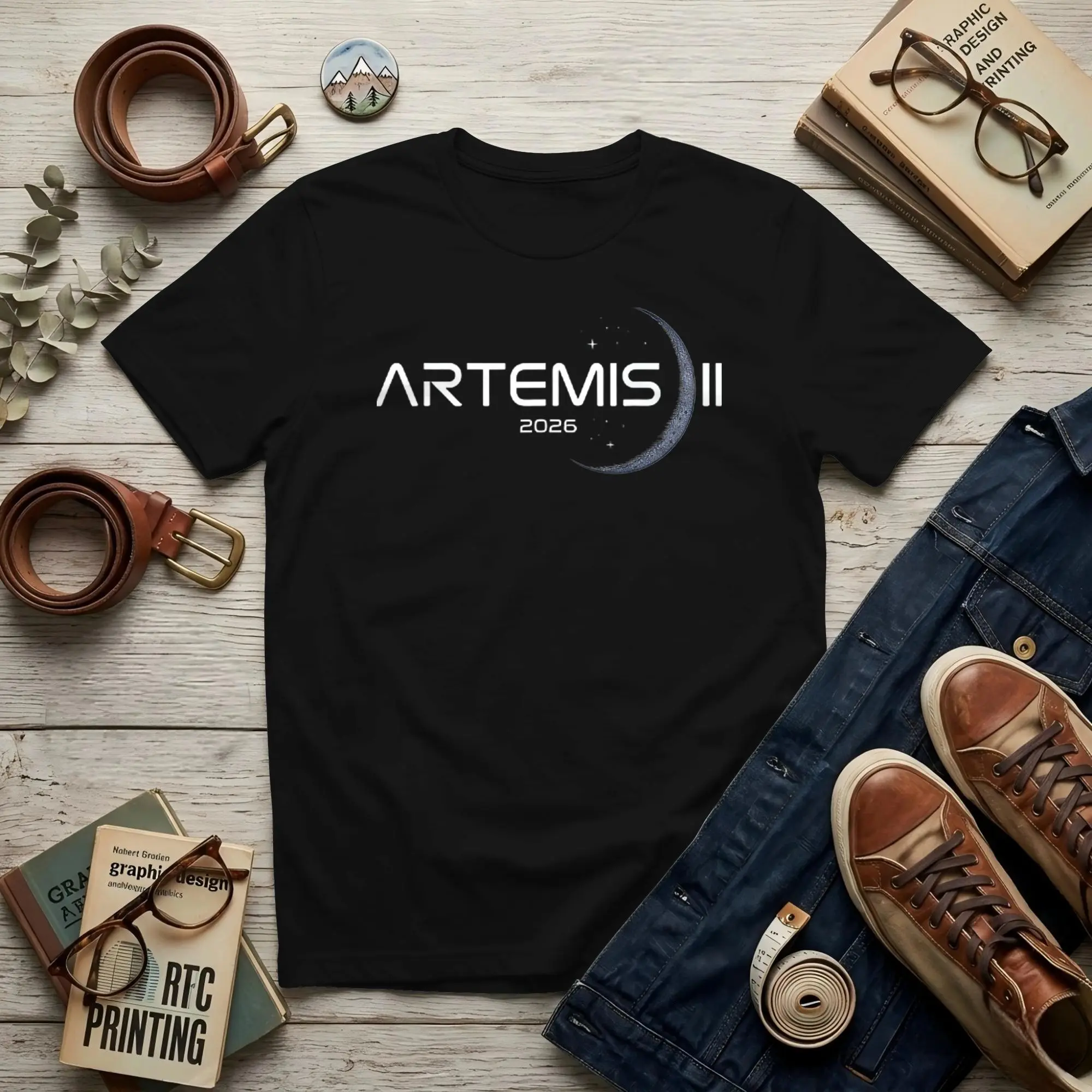 Artemis II Launch to The Moon Space Mission 2026Men T Shirts Artemis II Creative Tee Shirt Short Sleeve Crew Neck Pure Cotton