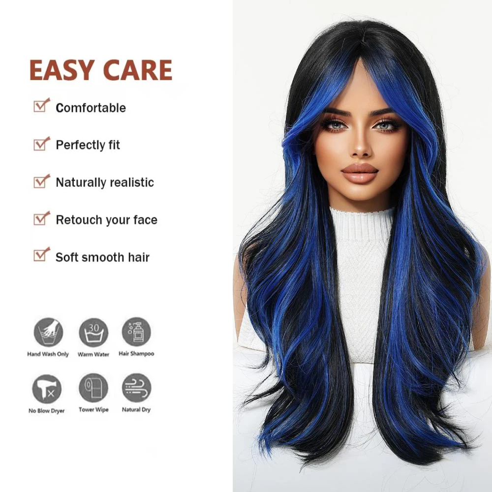 يسلط الضوء على الشعر الاصطناعي باللونين الأسود والأزرق مقاس 24 بوصة مع تجعيد مموج، ومقاومة للحرارة الطبيعية، ومناسبة للحفلات اليومية النسائية