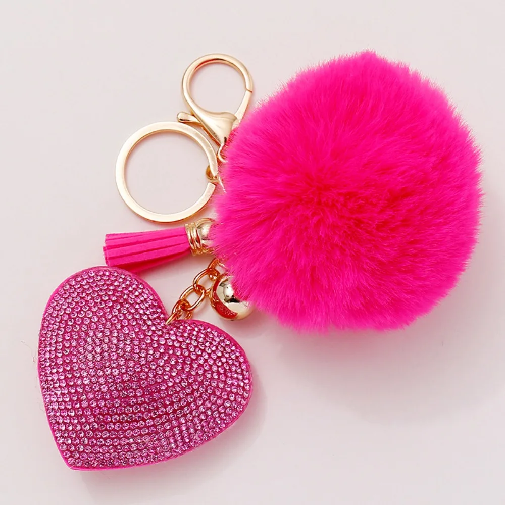 Cute Plush Ball Keychain Faux Fur Pompom Rhinestone Heart Keyring Solid Color Key Ring Women Bag Hanging Pendant Decoration Gift