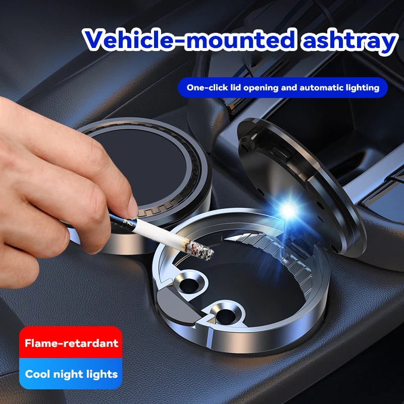 

Car Ashtray with Lid Smell Proof Stainless Steel Blue Led Portable Ashtray Cup for Auto Fireproof Shell One Touch Open