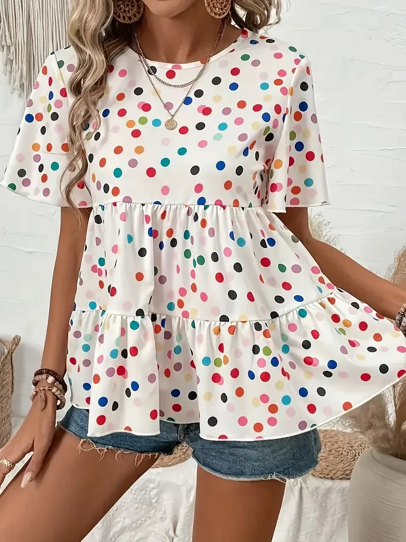 Kemeja Liburan Lengan Panjang Fashion Wanita Ukuran Besar 1XL-5XL Kemeja Blus Cetak Polka Dot Leher Kru Kasual Wanita