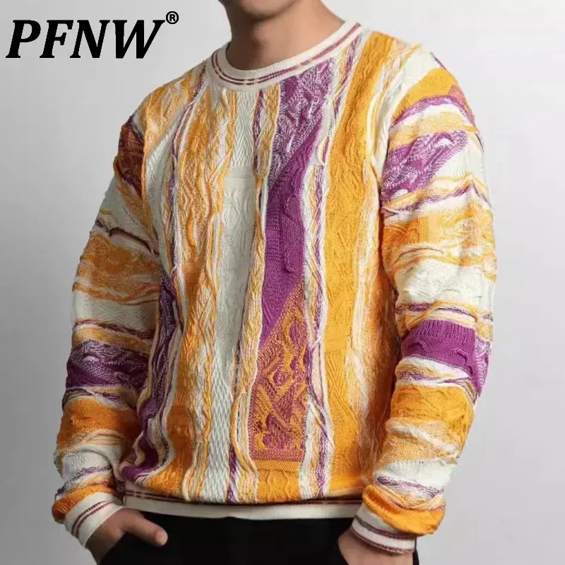 PFNW High Quality Pullover Knit Sweater Bittersweet Pattern Three-dimensional Wave Color Collision Ethnic Style Sweaters 12C1474