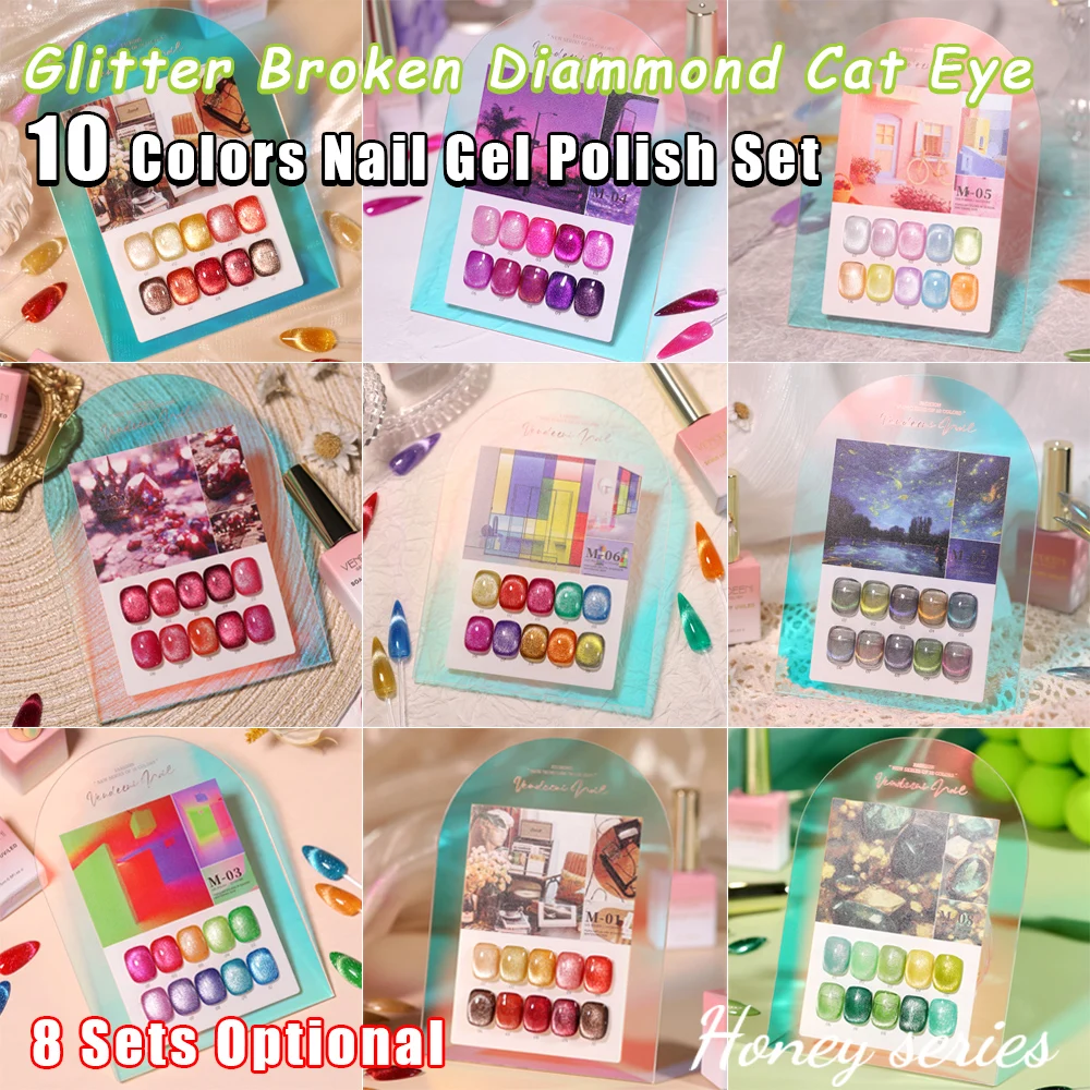 Vendeeni 10-Farben Glitzer-Brokkoli-Katzenaugen-Gel-Nagellack-Set, Glänzender Magnetischer UV-Soak-Off-Katzenaugen-Gel-Lack mit Display – Detail 1