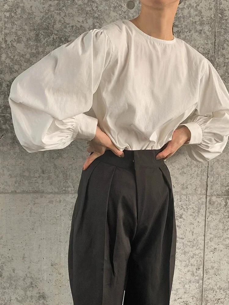 Estilo japonês senhora do escritório elegante blusa vintage feminino o pescoço solto lanterna manga camisas sólida all-amtch blusas outono senhoras topo