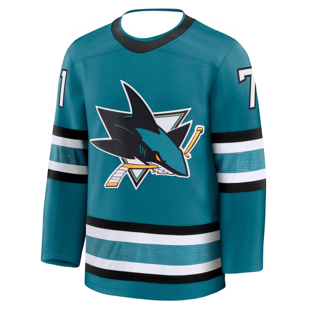 Camisa de hóquei - Acentos Teal/Black/White "Celebrini 71" Shark Logo Camisa esportiva respirável com estampas 3D HD