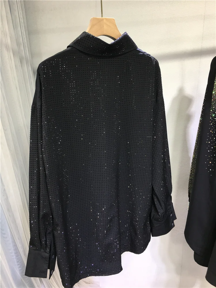 Blingbling-Blusa de manga larga con diamantes para mujer, cárdigan con cuello vuelto, camisas negras sueltas de perforación en caliente, novedad de primavera