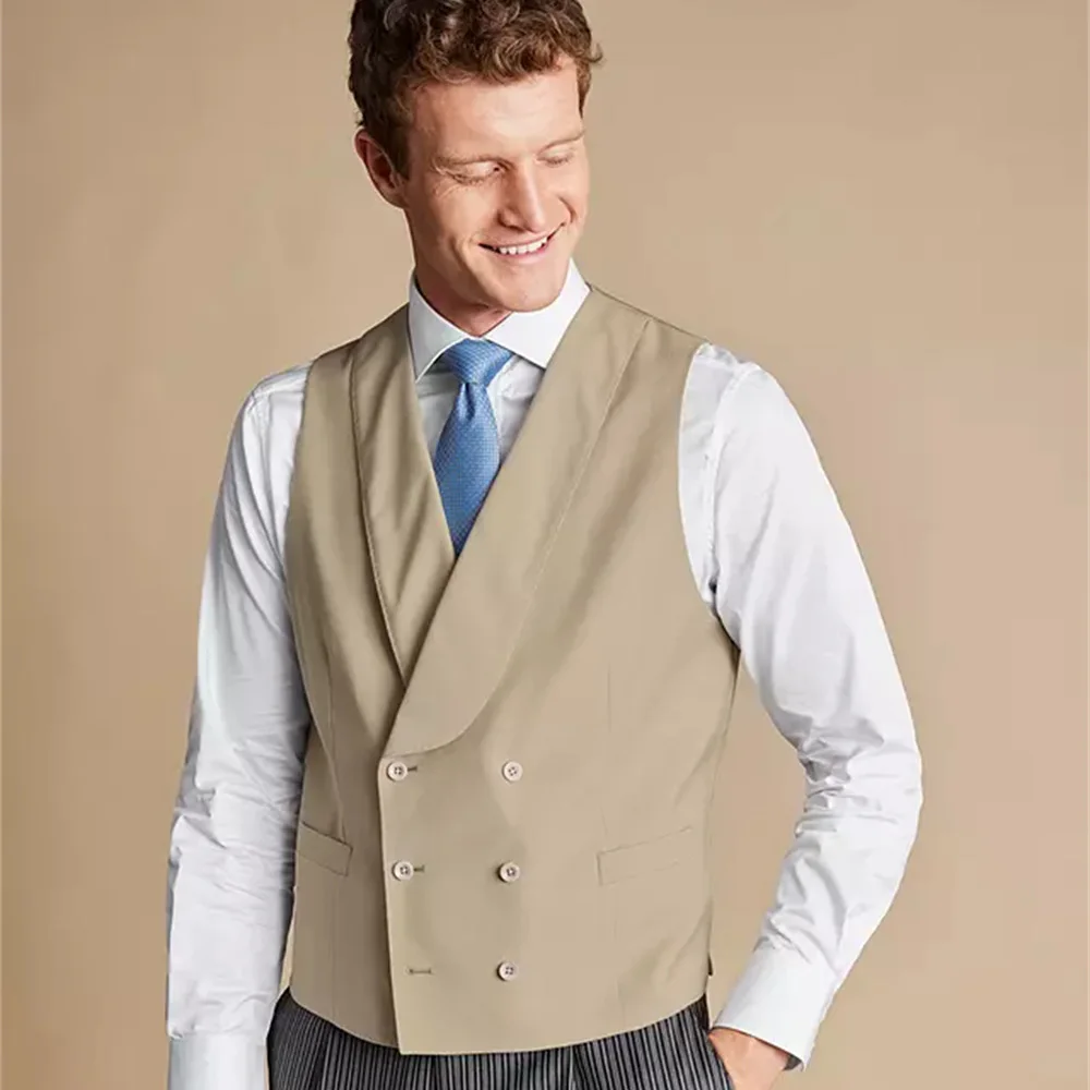 

Mens Vest Shawl collar Satin Khaki Double Breasted Sleeveless Waistcoat Comfortable and Cool Groomsman Clothing For Wedding