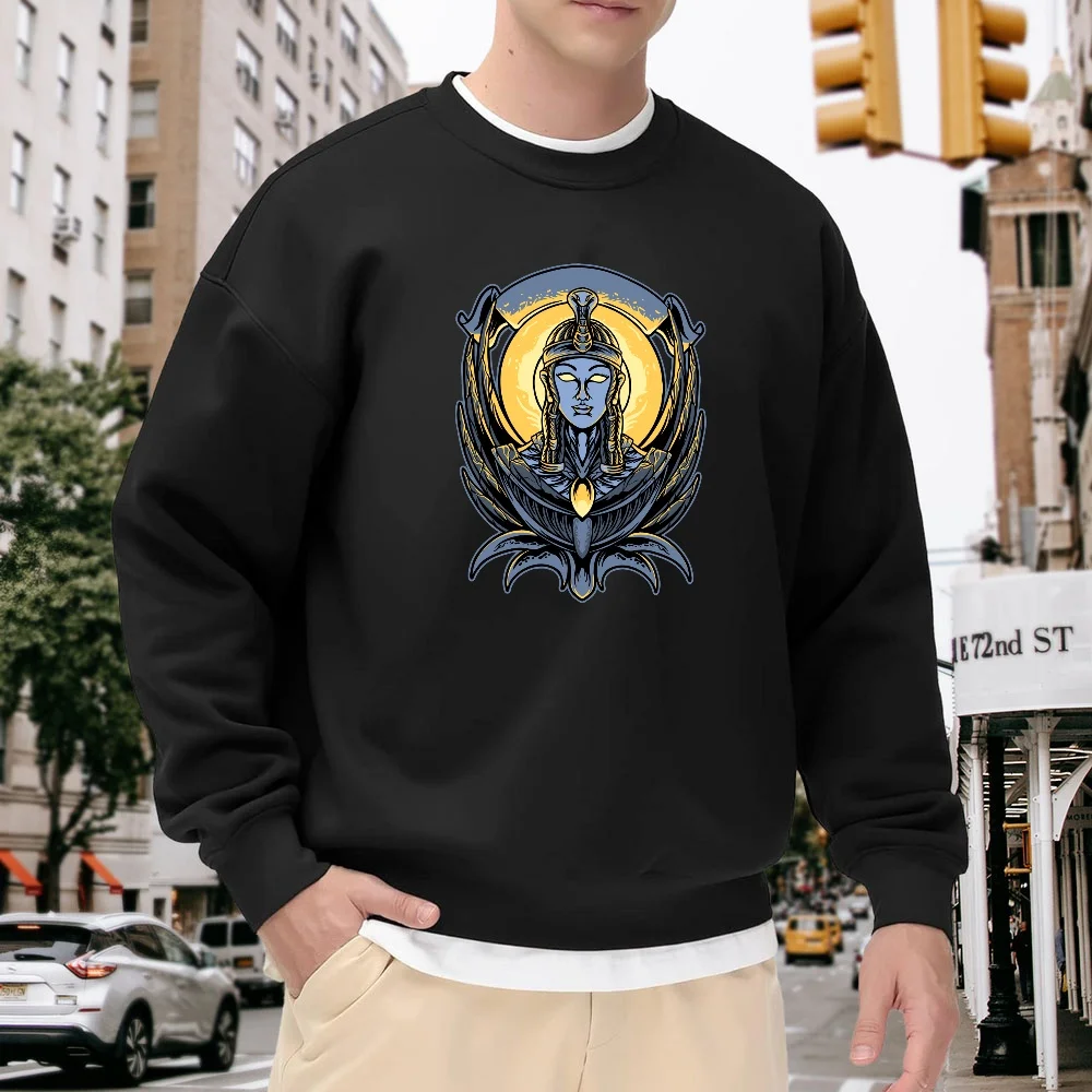 

Men's Black Crew Neck Loose Sweatshirt, Vintage Mythological Character Print Long-Sleeve Top, Casual Street Style Versatile Pullover, Soft and Comfortable for Daily Wear