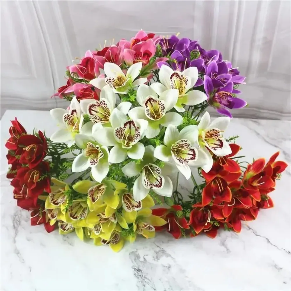 8Pcs/Bouquet Artificial Orchid Flore White Silk Fake Orchid Flower DIY Wedding Back Road Home Desk Vase Accessories Faux Flores