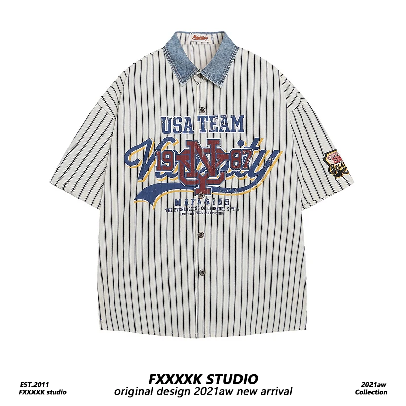 

FXK Original Summer 2025 Trendy Casual Letter Print Collared ort Sve T-irt Embroidered Letter irt for Teenage Boys