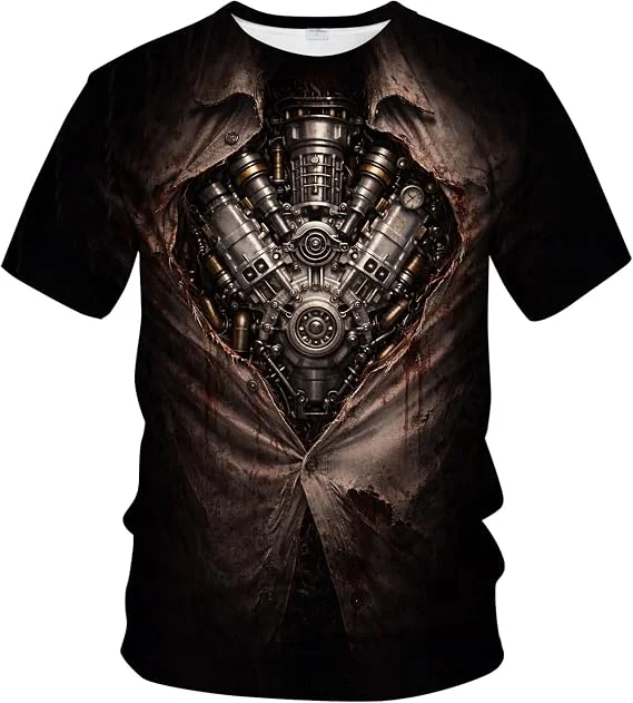 3D Printing Steampunk Engine‑Heart 3D Print T‑Shirt, Ripped Shirt Effect Gothic Short Sleeve Street Top A Family Set