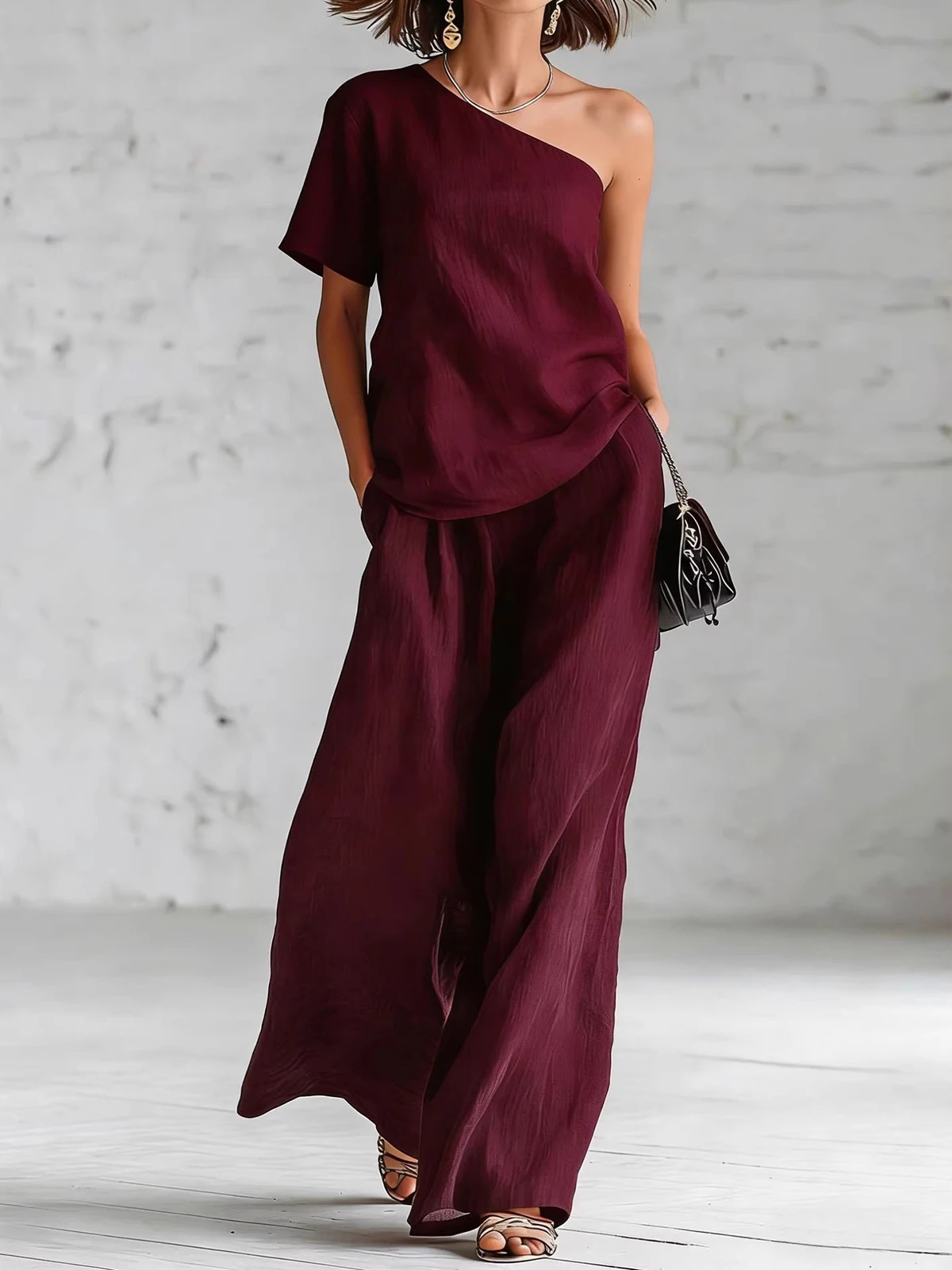 Damen-Set aus Kunstleinen: Elegantes 2-teiliges Outfit mit One-Shoulder-Kurzarm-Top und hochtaillierter, weit geschnittener Hose für Alltag und Urlaub – Detail 5