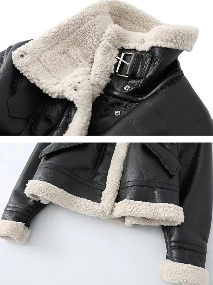 Winter Fleece Leather Jacket Women Faux Fur Jacket Fashion Streetwear Thick Warm Locomotive Coat Lamb Double-side Moto Outerwear