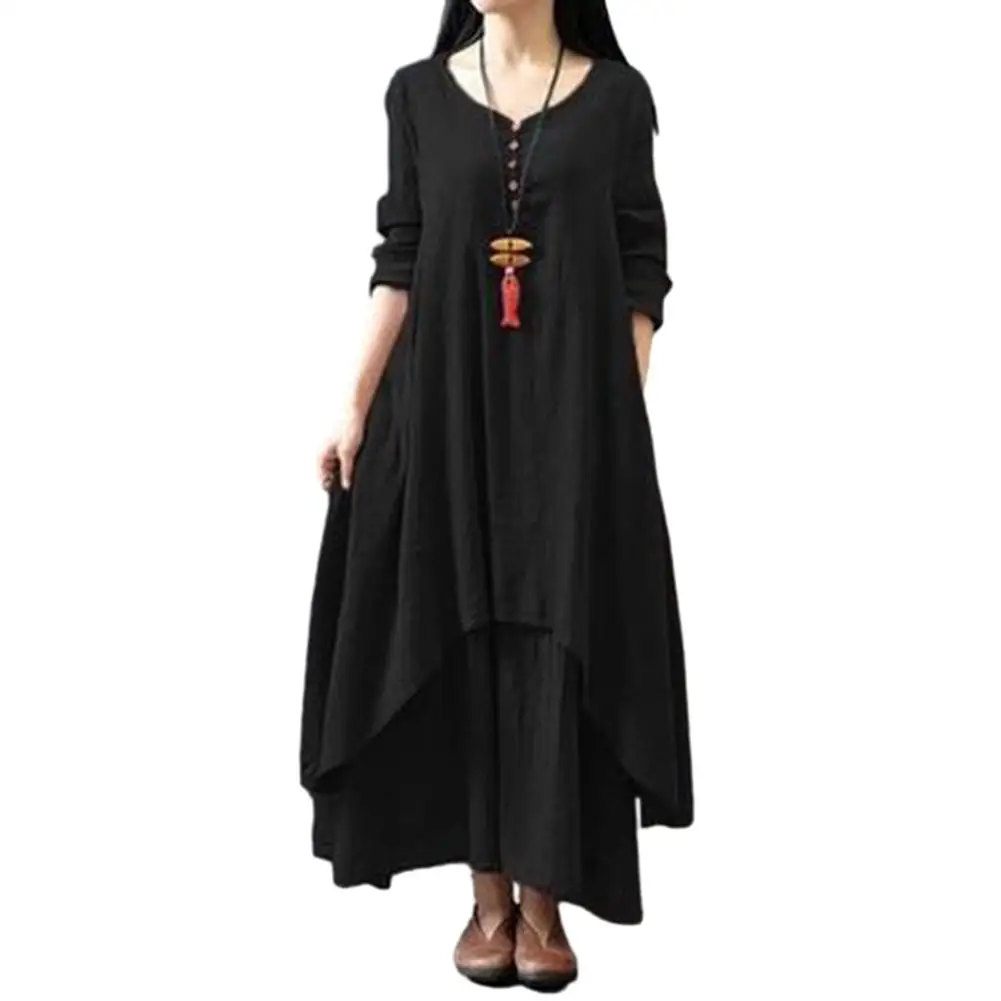 1pc Retro Women's Cotton Linen Maxi Dresses Long Sleeve Irregular Layering Robe Female Casual Loose Long Dress