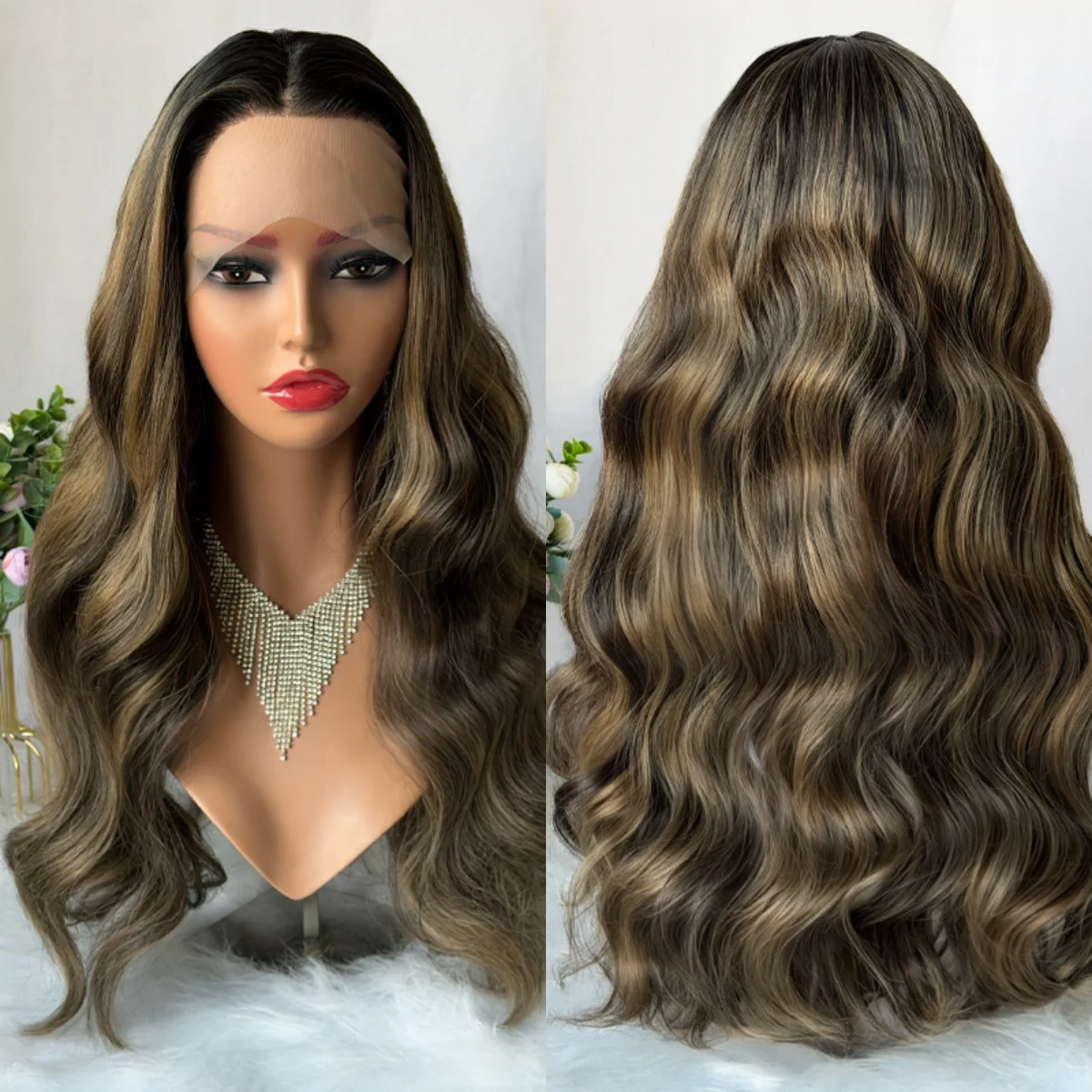 

24 Inches Dark Caramel Brown Highlights Balayage Synthetic Lace Frontal Wigs Brunette Long Length Loose Wave High Quality Wigs