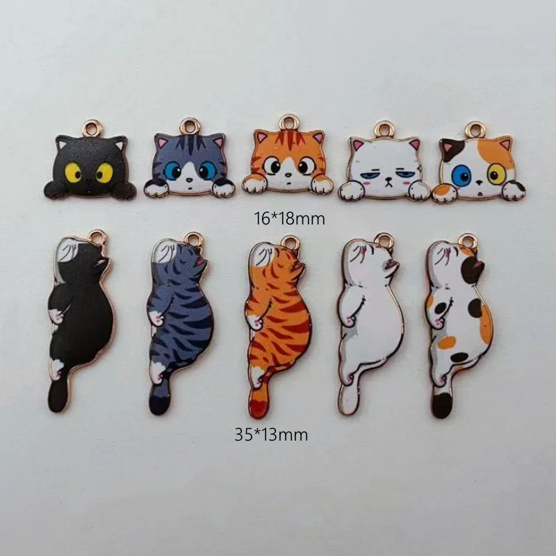 10PCs Cartoon Enamel Cat Charms Animal Cartoon Pendants Gold Color Metal DIY Bracelets Necklace Jewelry Making