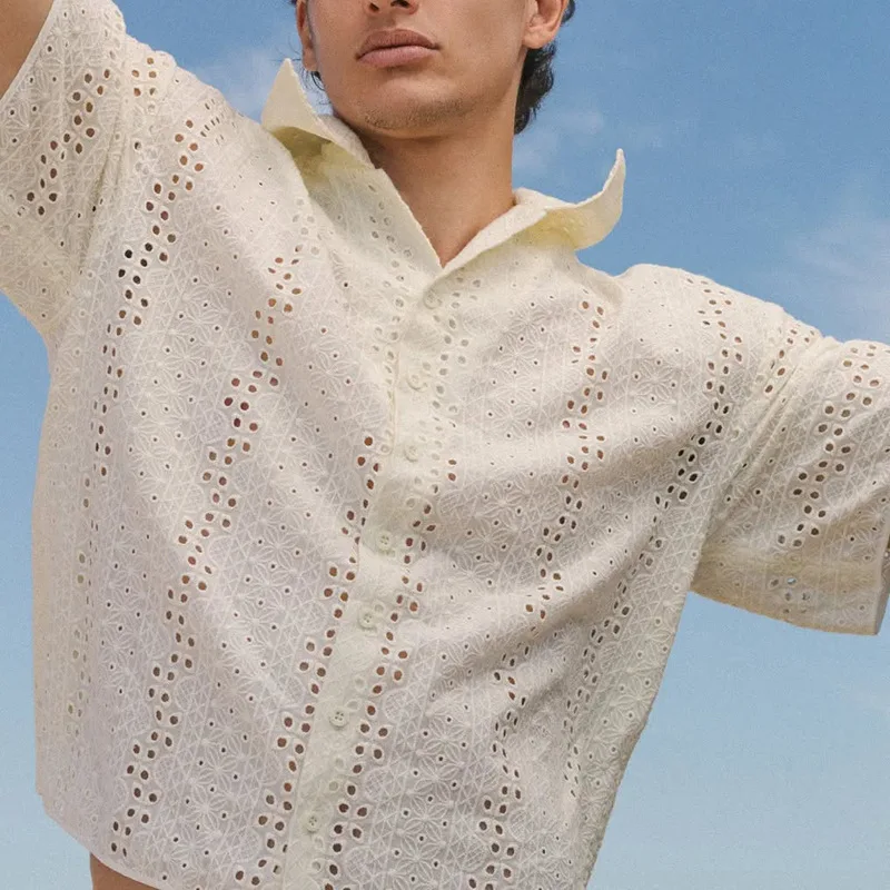 Men's Casual Spring And Summer Suit Beach Style Hollow Loose Shirt And Shorts Two-piece Suit For Men