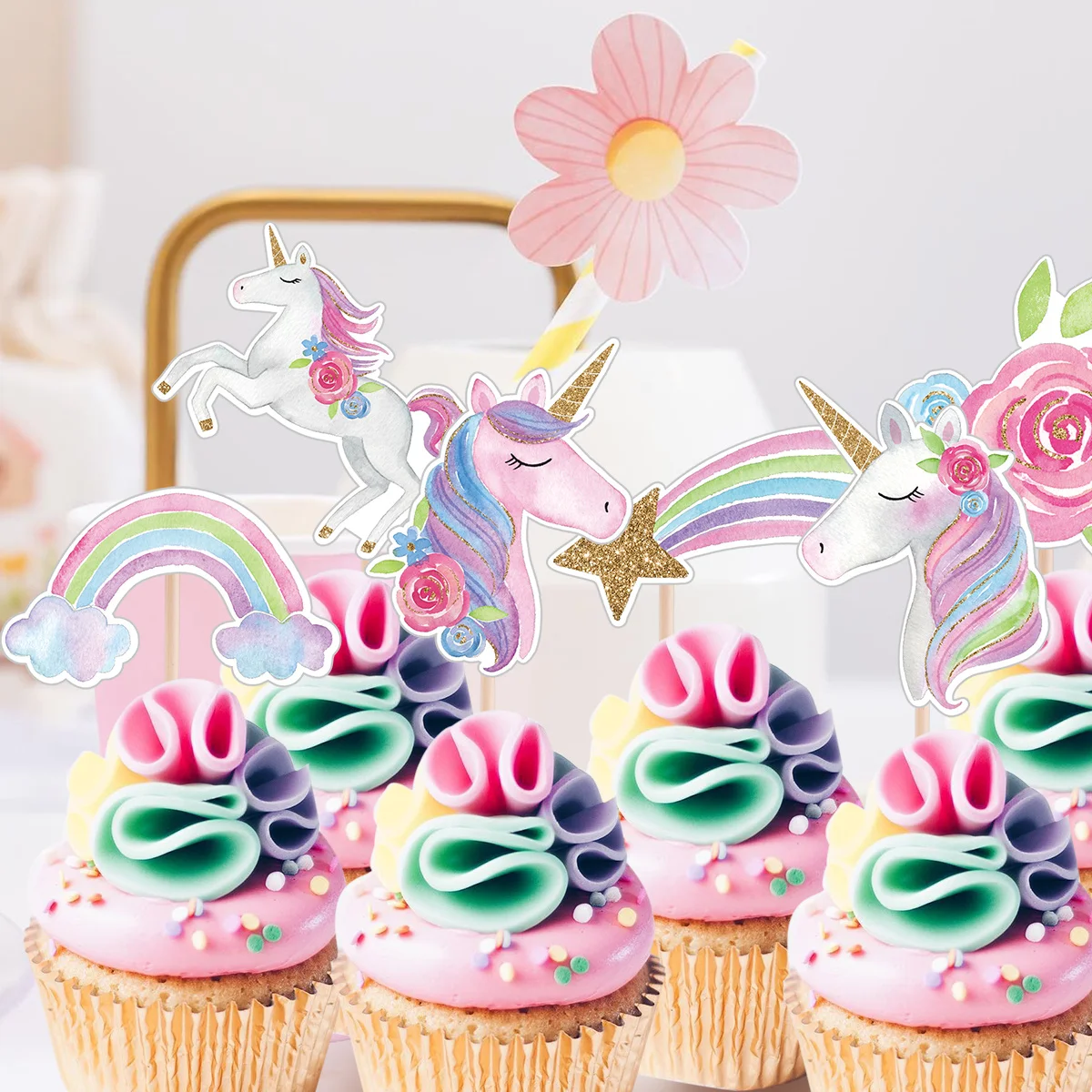 24 Stücke Einhorn Cupcake Topper Lila Serie Kuchen Topper Für Kinder Einhorn Motto Geburtstag Party DIY Kuchen Dekoration Lieferungen