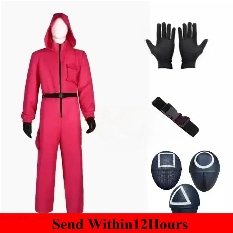 

New Game Red Calamari Game Jumpsuit Cosplay Party Tracksuit Outfits Props Role Play Classic Belt Full Mask Set