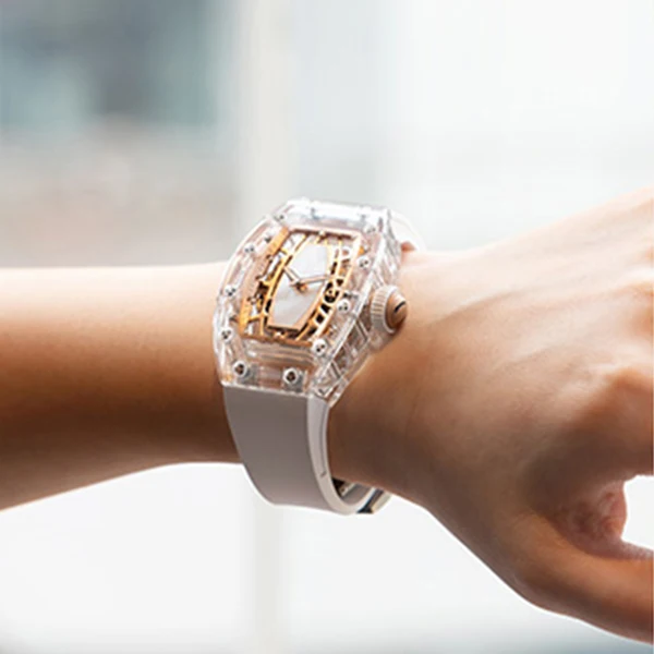 CRONUSART Women Automatic Watch 31.5mm Ladies Meachanical WristWatch Acrylic Tonneau Case Sapphire Mirror Skeleton Dial