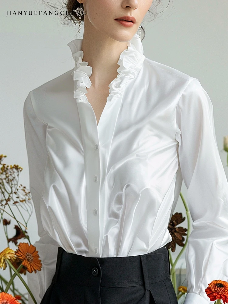 2024 Spring/Summer Design Feel Long Sleeve Ruffled White Satin Shirt Top Womens French Style Princess Unique Shirt Work Wear