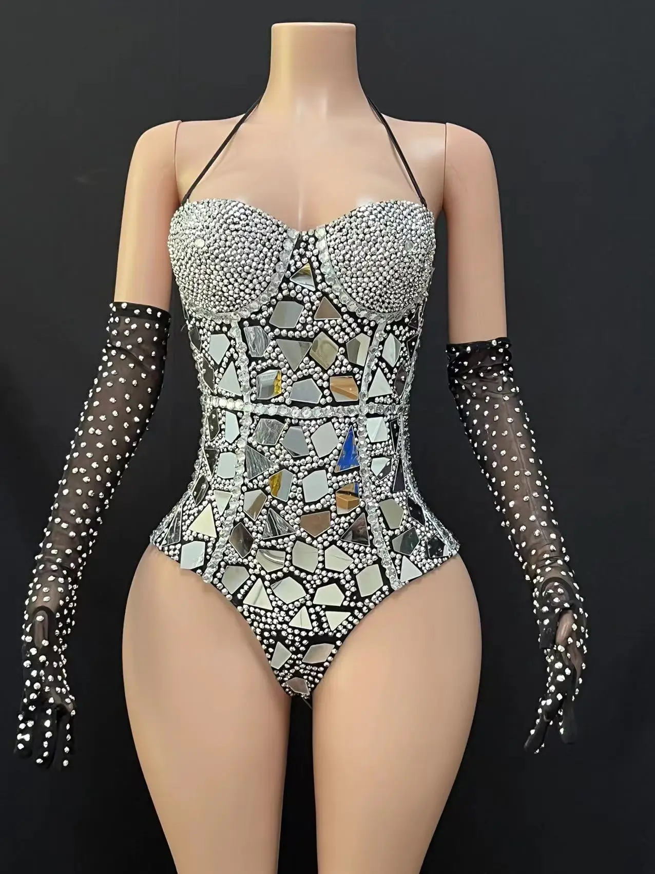 Show Girl Outfit   Black lens one-piece bar dance show technology Popping super flash party evening dress