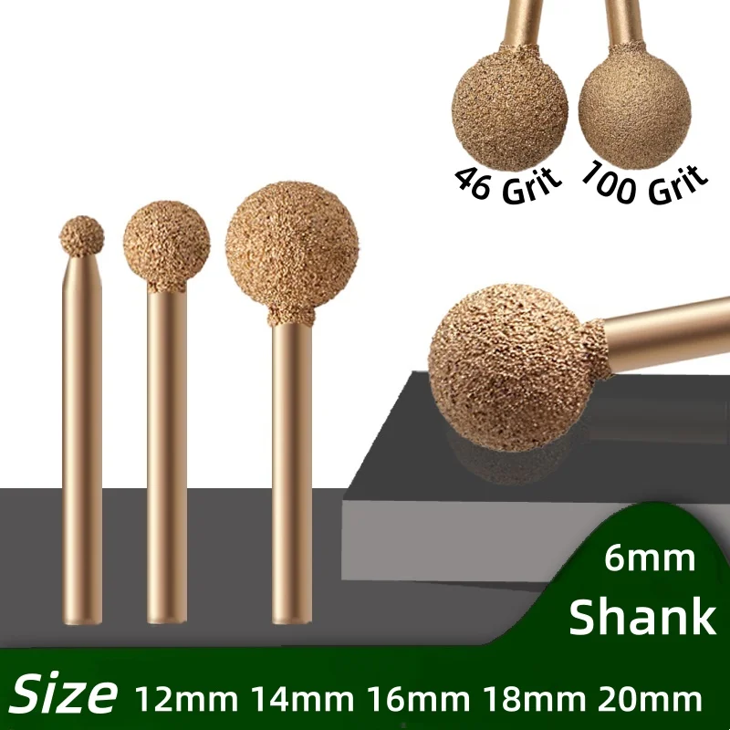 12mm 14mm 16mm 18mm 20mm 25mm Ball Diamond Grinding Head Burr Engraving Bit 6mm 1/4'' Shank Coarse/Fine Grinder
