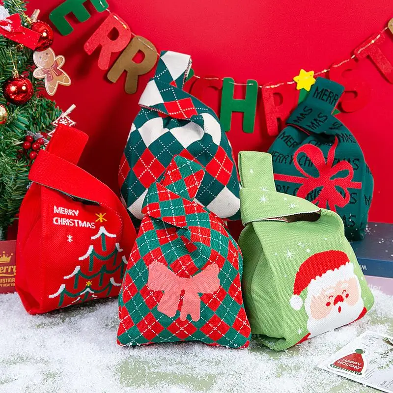 مهرجان عيد الميلاد محبوك شنطة هدايا يده كيس الحلوى المرأة عقدة صغيرة حقيبة الرسغ لطيف محبوك حمل حقيبة أكياس التسوق القابلة لإعادة الاستخدام #3