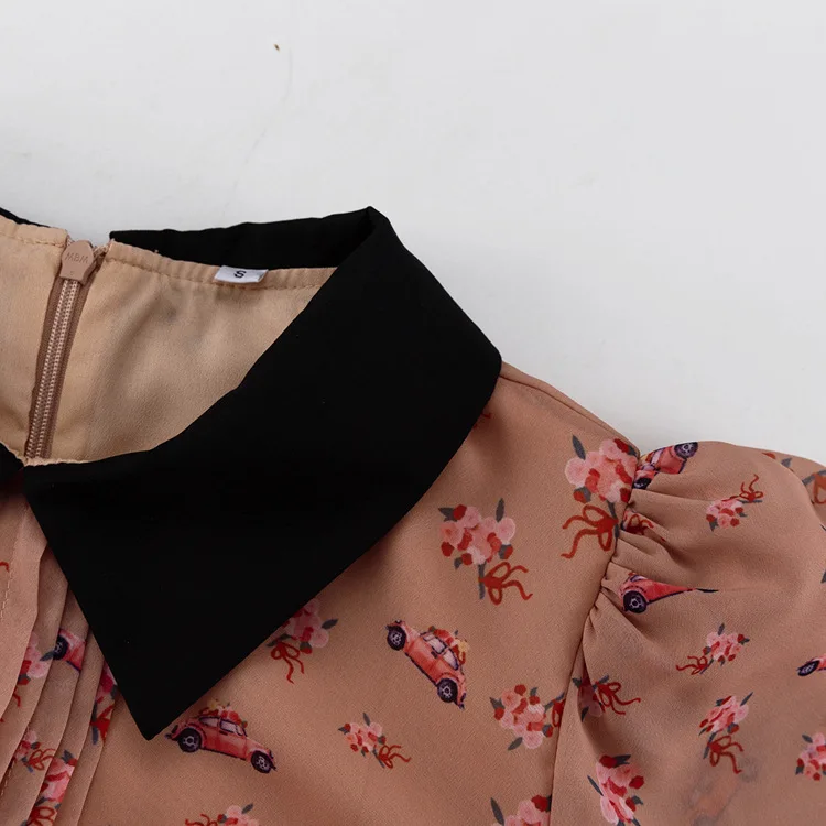 جديد المتناقضة اللون الطباعة فستان فرنسي المرأة مطوي التلبيب الياقة كم طويل مزاجه عالية الخصر تنورة كلمة #4