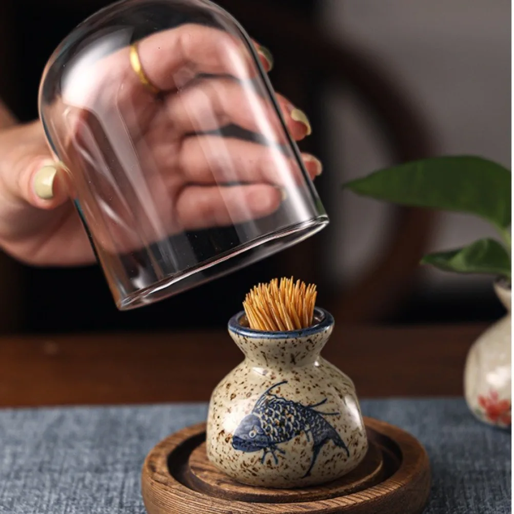 

Japanese-style Ceramics Toothpick Box with Lid Storage Box Multi Functional Oral Hygiene Organizer Table Decoration Accessories