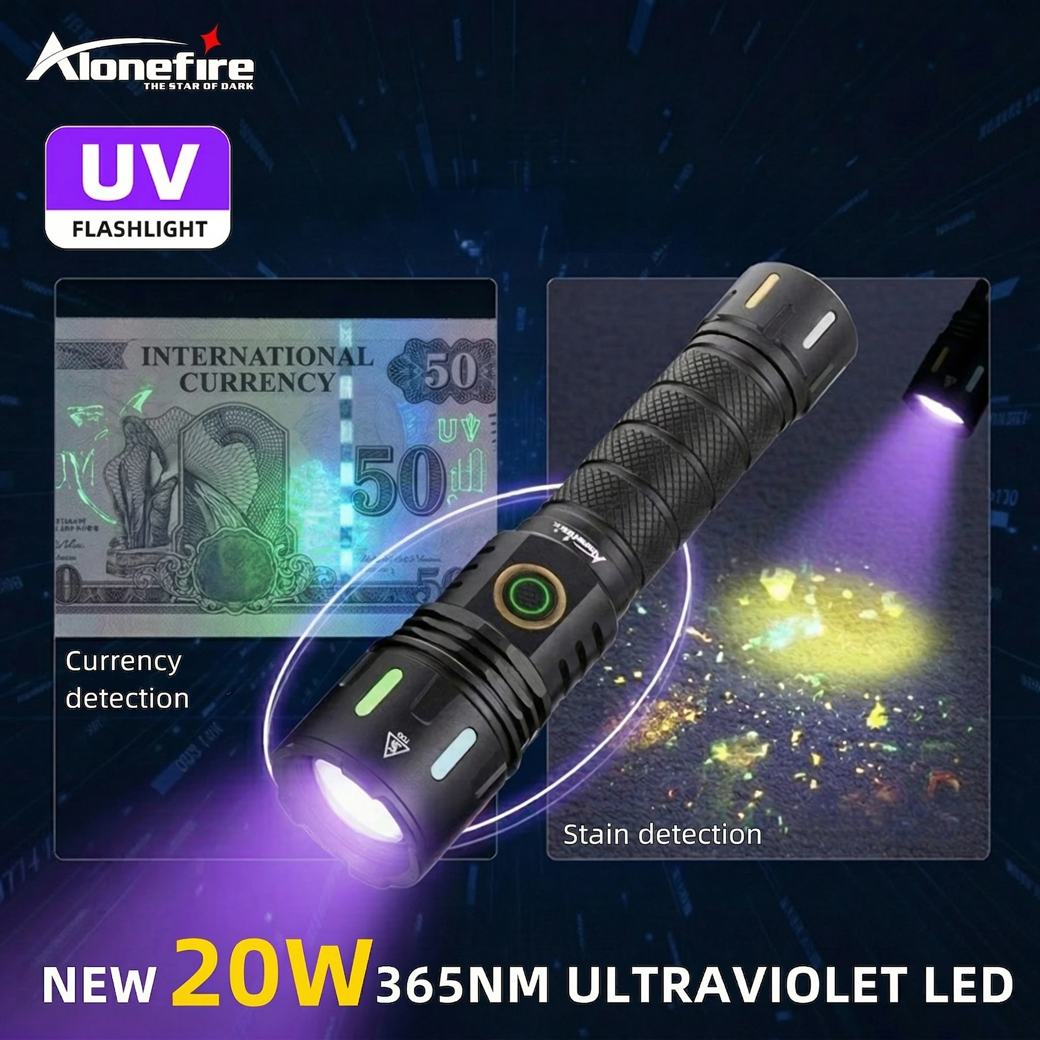 

Новый светодиодный фонарь Alonefire Zoom с высокой мощностью, 365 нм, УФ-фонарь для обнаружения пятен от кошек и собак, денег, скорпионов, с USB-зарядкой.