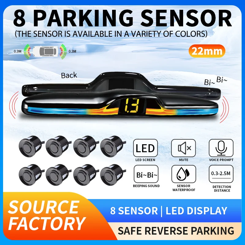 

supports Voice prompt,Source factory, 8-probe parking sensor system, 22mm, reversing radar system,12V voltage