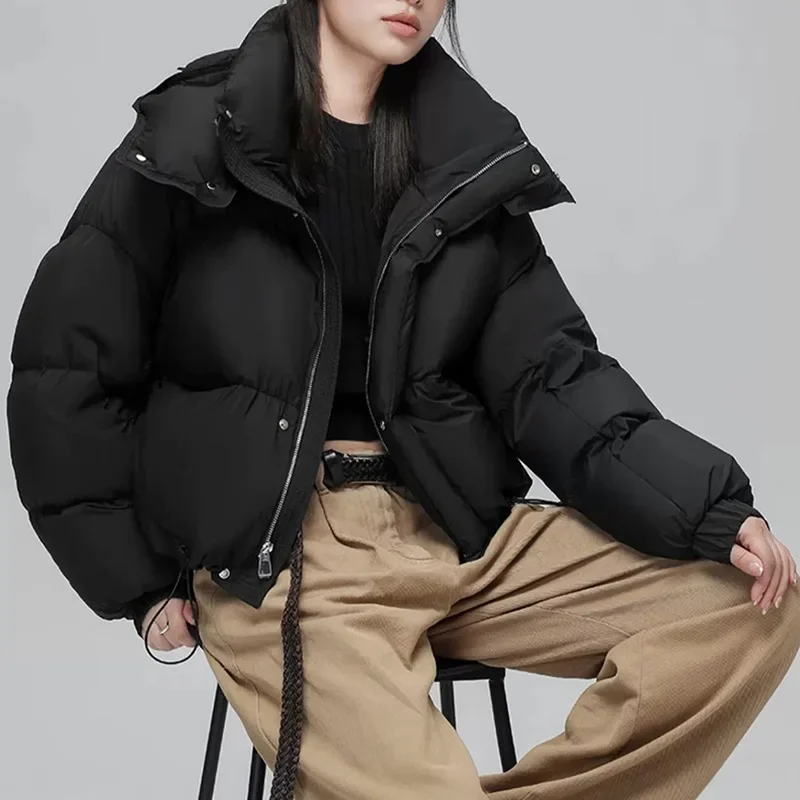Women's Clothing Winter Down Coat Vintage Simple White Duck Down Jacket Warm Drawstring Long Sleeves Short Jacket Hooded