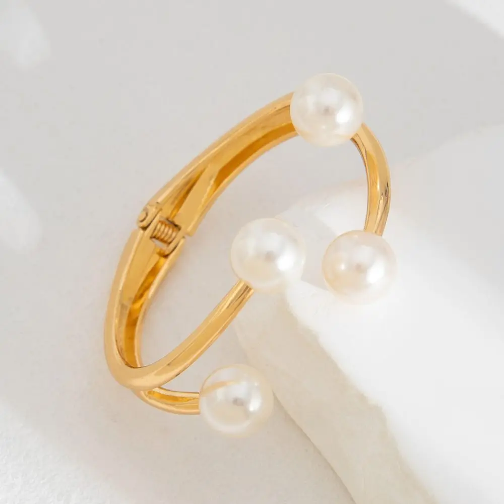 Punk Metal Wide Cuff Bangles Jewelry Gold Pearl Geometric Bracelet Accessories Decoration Curtain Buckle Gifts