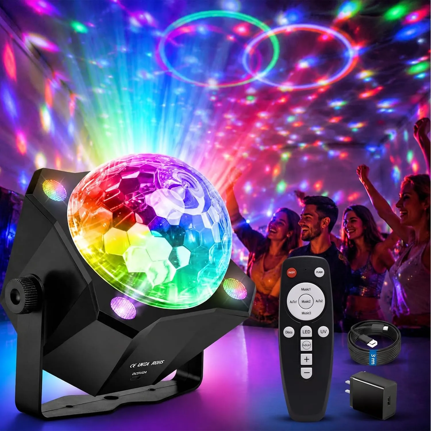 Disco Ball Light Dj Party Light, Sound-Activated 6-Color Stage Strobe Light, Suitable for Indoor and Outdoor Use, Home, Clubs, Karaoke, Christmas, Halloween, Birthdays, Weddings, and Dance Ambiance Lighting (Disco Ball