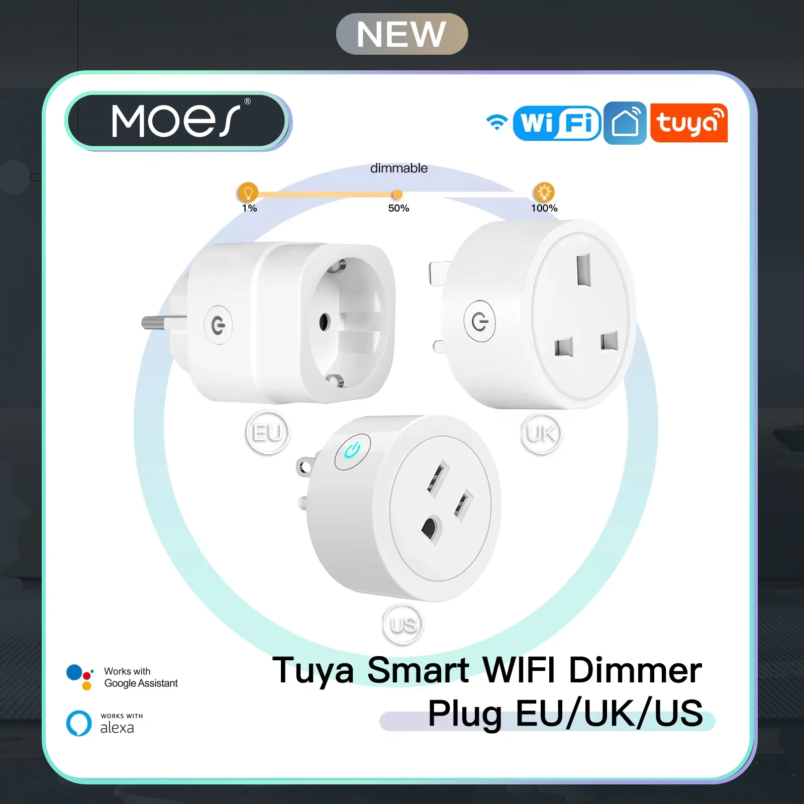 MOES Smart Plug WiFi، التحكم في السطوع والمؤقت، يعمل مع تطبيق Tuya، التحكم الصوتي Alexa Google، قابس الاتحاد الأوروبي/المملكة المتحدة/الولايات المتحدة