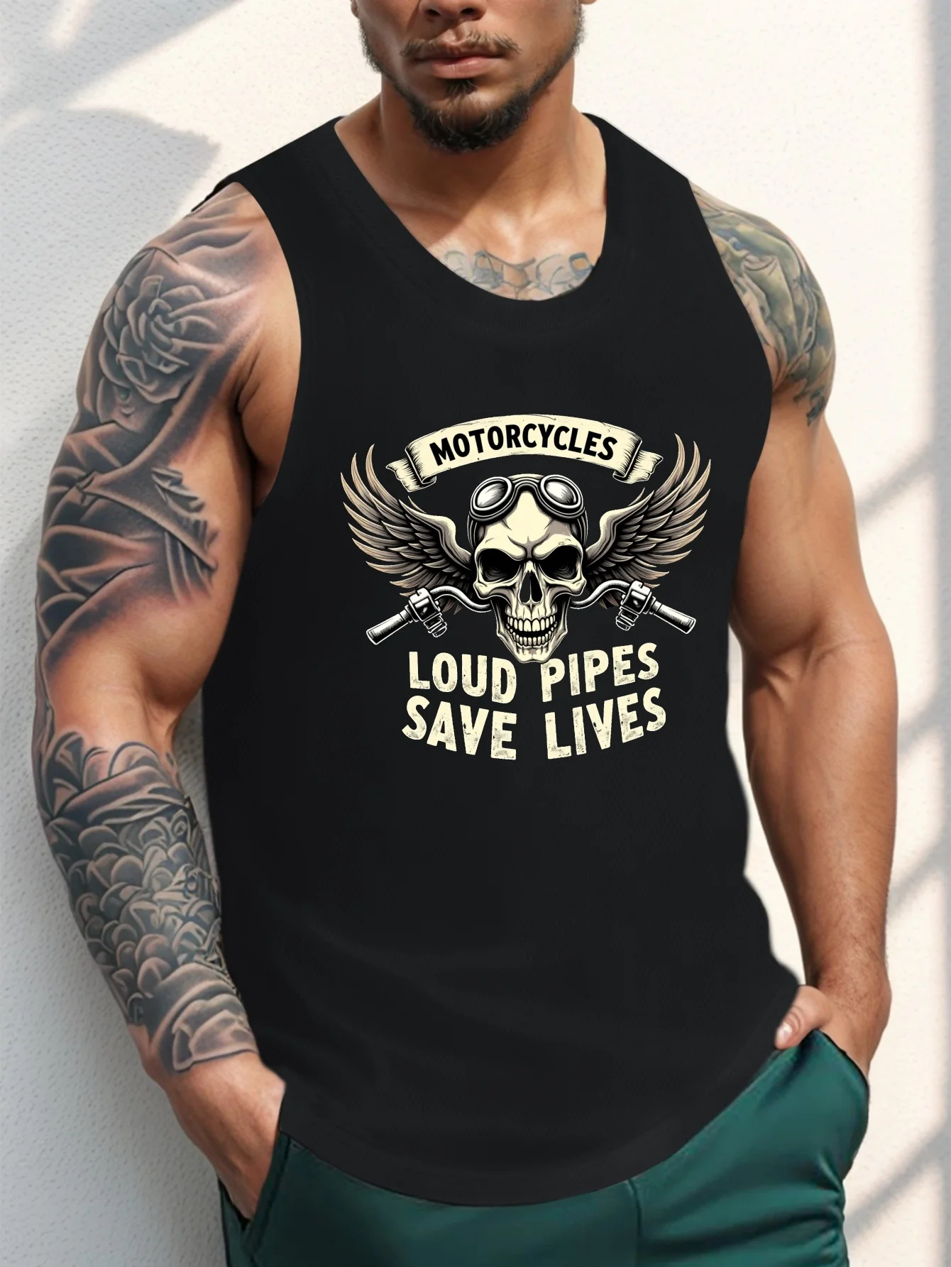 

The loud exhaust pipe of the motorcycle saves lives. Heavy-duty men's vest.