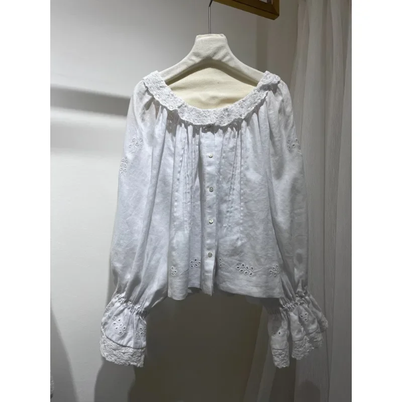 

White Embroidery Lace Ruffles Round Collar Long Sleeve Loose Blouse Tops 2025 New Fashion Style High Quality Line