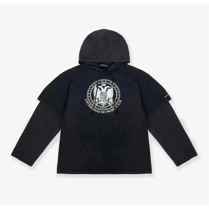 

Double Eagle Head Print Fake Two Pieces Hoodie Sweatshirts Men Women High Quality Casual Loose Fit Project Hooded Pullovers