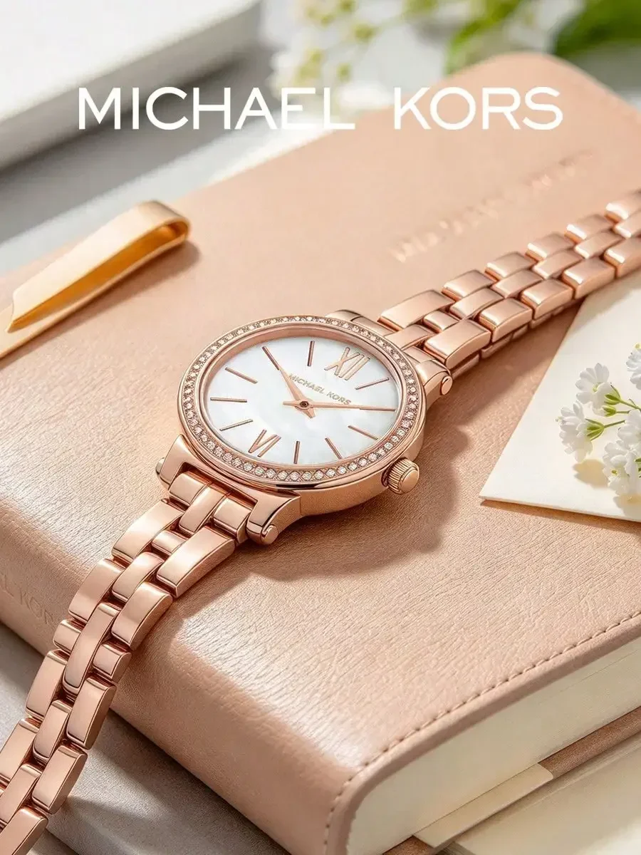 MICHAEL KORS Women's Watch Rose Gold Tone Stainless Steel Crystal Bezel Roman Numeral White Dial Quartz Elegant Dress Wristwatch