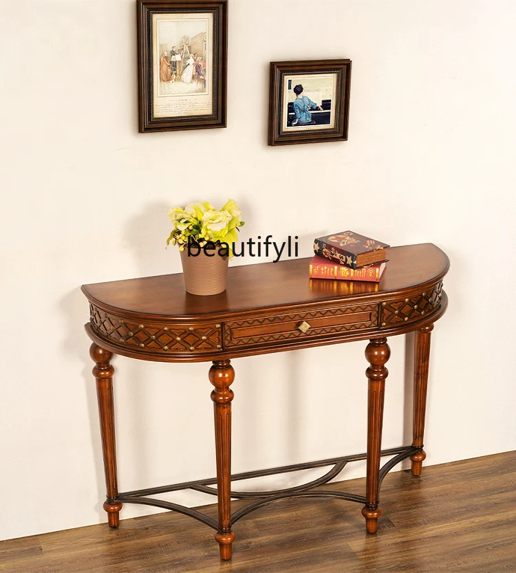 

Solid wood entrance table American retro facing the foyer French semi-round storage table